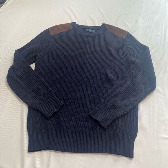 J. Crew Navy Blue Woodsman Shoulder Patch Sweater Size Large - Picture 1 of 7